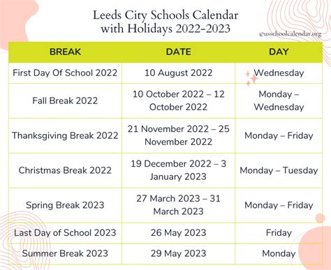 leeds city schools calendar
